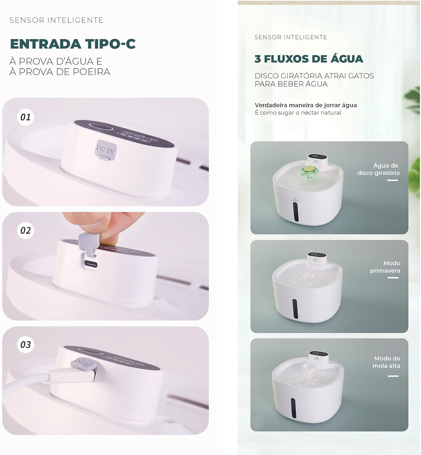 Fonte de água para gatos, 2.6L Fonte para gatos automática sem fio com janela de nível de água para gatos e cães com sensor de movimento