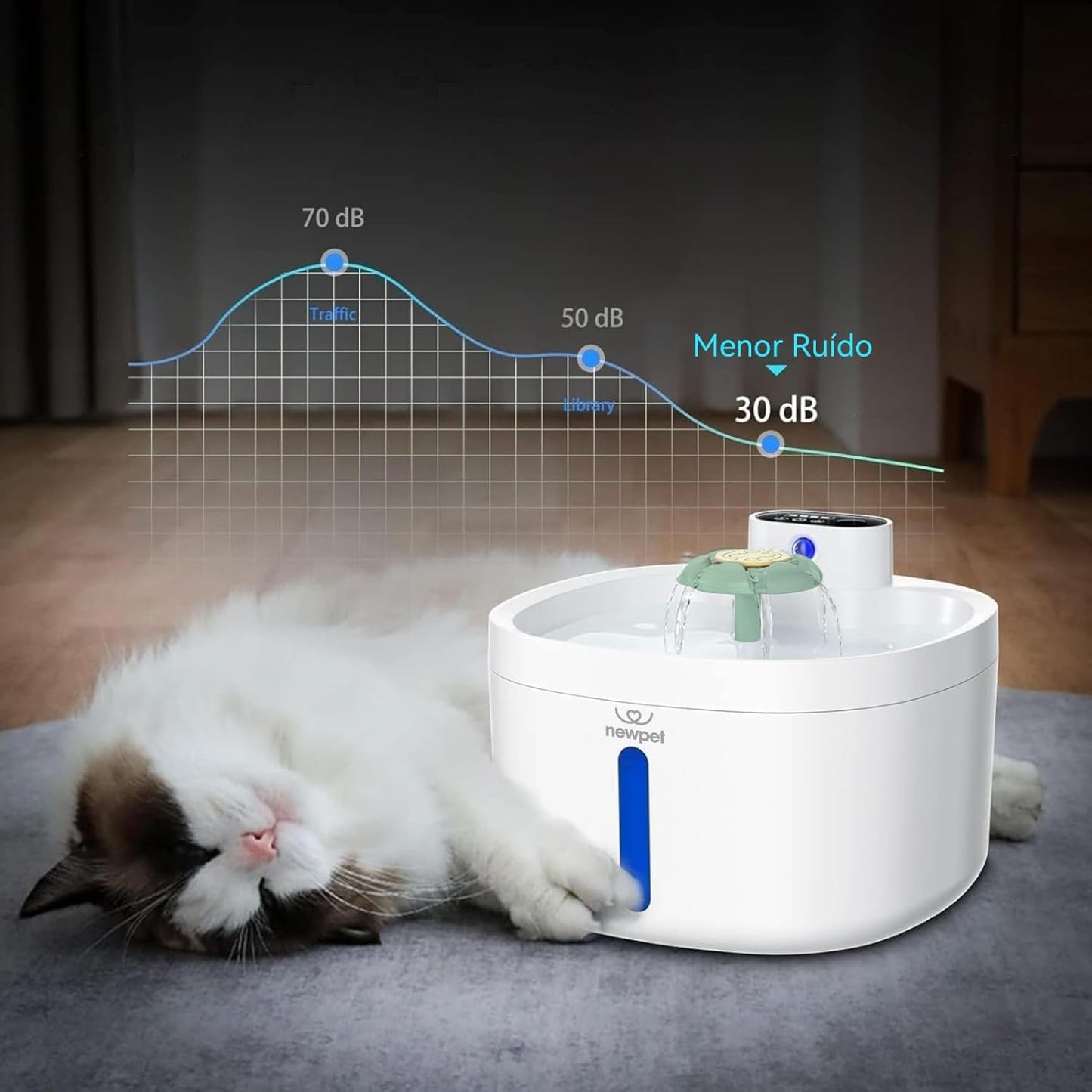 Fonte de água para gatos, 2.6L Fonte para gatos automática sem fio com janela de nível de água para gatos e cães com sensor de movimento
