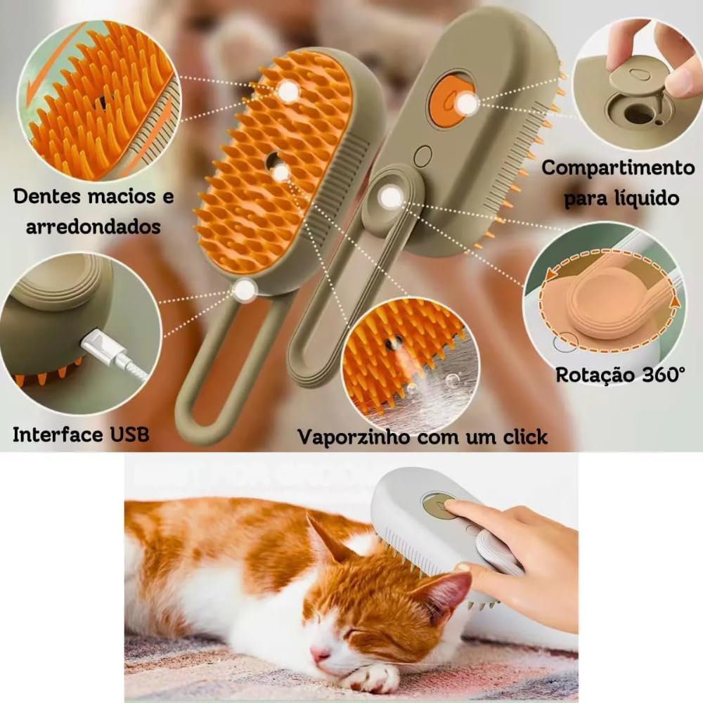 Escova Pet Premium Elétrica 3 em 1 Vapor Recarregável Cães Gatos Removedor de Pelos Massageadora Hidratante
