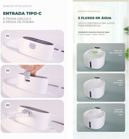 Fonte de água para gatos, 2.6L Fonte para gatos automática sem fio com janela de nível de água para gatos e cães com sensor de movimento